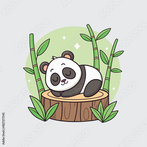Cute Panda Bear Sleeping on Wooden Log with Bamboo Trees Cartoon Illustration Adorable Animal Relaxing in Nature Forest Setting Peaceful Wildlife Scene Surrounded by Greenery