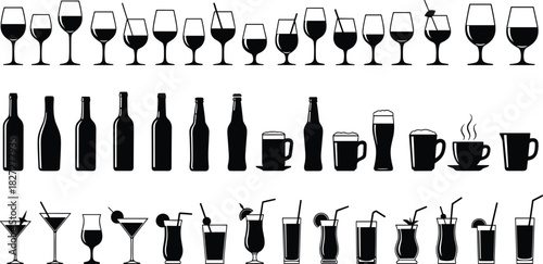 Collection of black silhouette icons of alcoholic and non-alcoholic beverages and containers
