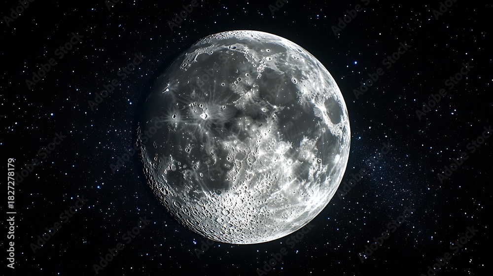 Fototapeta premium Detailed Moon Surface Texture with Visible Craters Surrounded by Sparkling Stars in Deep Space