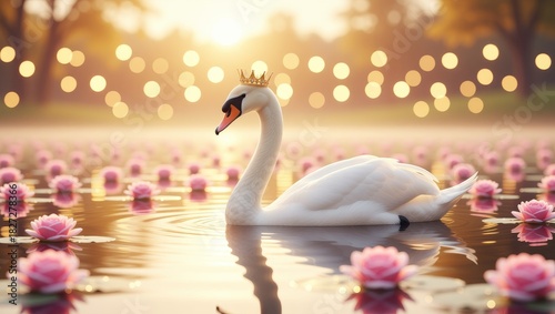 Fototapeta Naklejka Na Ścianę i Meble -  Crowned swan floating on pond with pink flowers at sunset