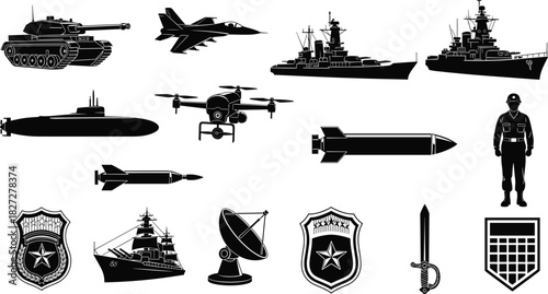 Collection of black silhouette military vehicles aircraft and emblems on white background