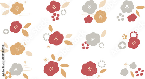 年賀状素材。和風の椿と桜のフレームイラスト。和風の年賀背景。New Year's card material. Japanese-style camellia and cherry blossom frame illustration. Japanese-style New Year's background.