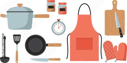 Collection of kitchen cooking utensils and accessories with a pot frying pan apron and cutting board