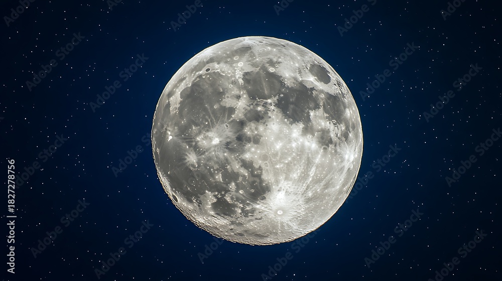 Obraz premium Full Detailed Moon Against Deep Blue Starry Sky Close Up Astronomy