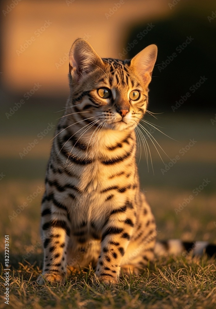 Obraz premium Adorable Bengal cat looking alert in golden light on grassy lawn outdoors