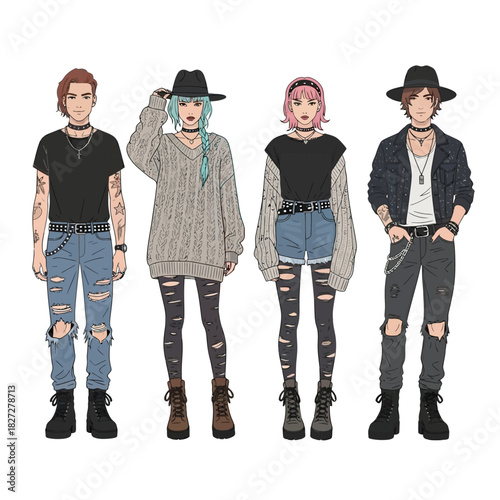 Four stylishly dressed young adults stand side-by-side, showcasing diverse fashion choices with hats, ripped jeans, and unique color palettes.