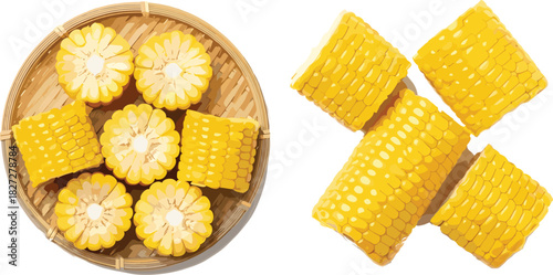 Freshly Cut Yellow Corn Pieces in Woven Basket and Scattered on White Background