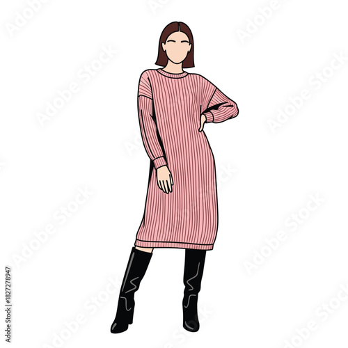 Illustration of a woman wearing a pink ribbed midi dress and black knee-high boots.