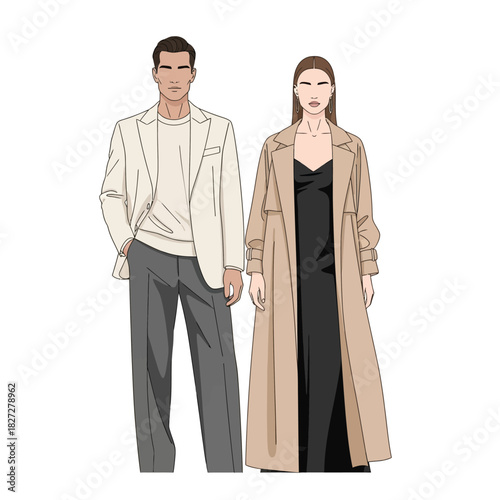 Fashion illustration of a man in a blazer and trousers next to a woman in a long dress and trench coat.