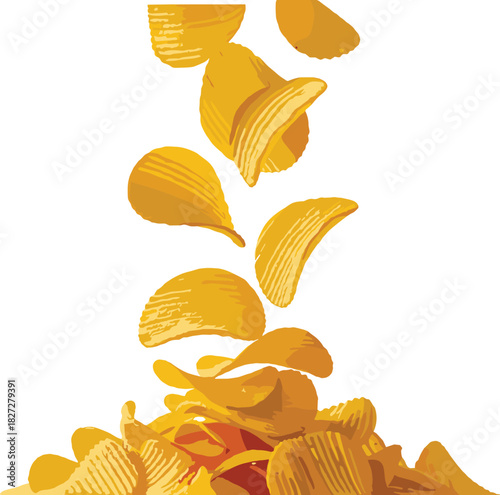 Ruffled potato chips falling and piled up in a heap snack food