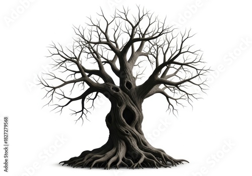 Ancient gnarled tree with twisted branches and exposed roots against a white background