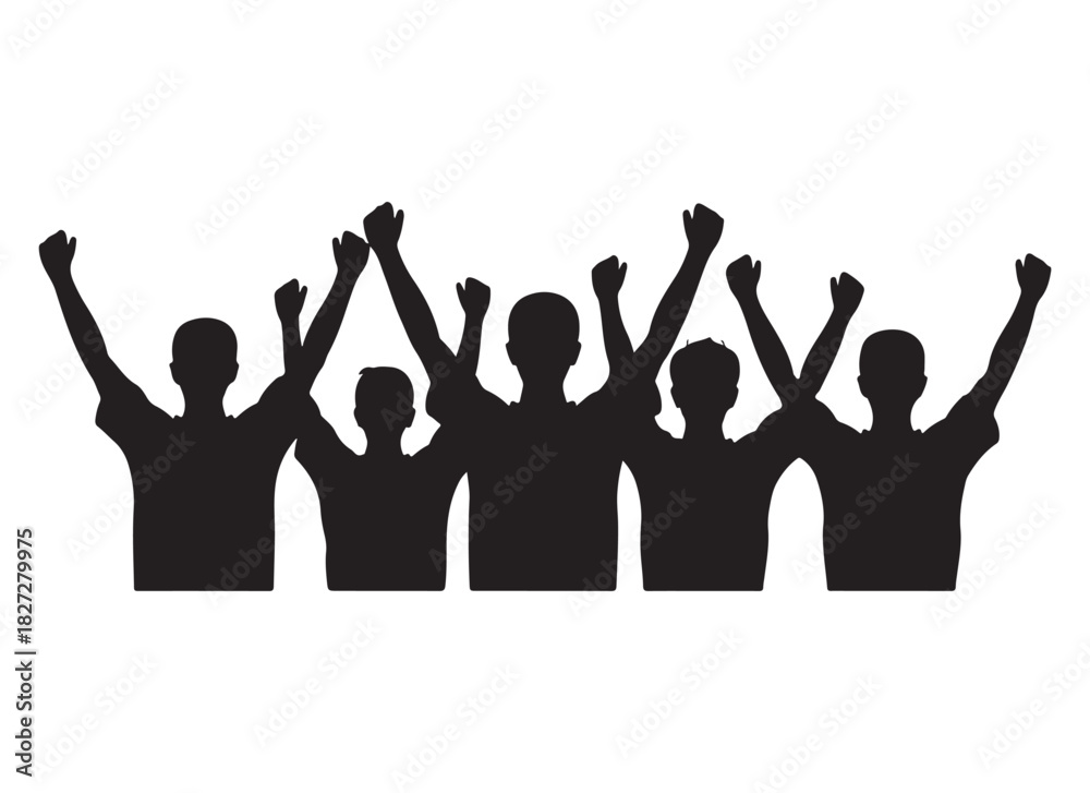 Obraz premium Group of diverse people cheering with raised hands in a silhouette