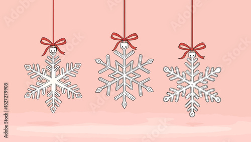 Three hanging snowflake ornaments with red bows on a pink background.