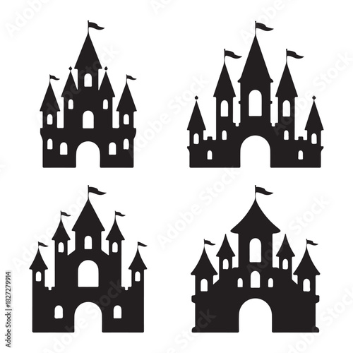  Collection of four distinctive black castle silhouettes with flags