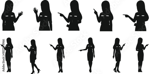Cad drawing flat vector illustration of female office worker pointing hand gesture professional woman silhouette business communication concept design