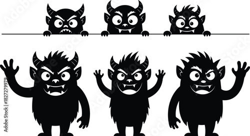 Three black cartoon monsters with horns and fangs peeking over a line and three standing monsters waving