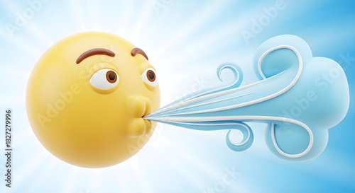 Yellow emoji character blowing strong blue wind on a sky background