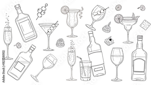 Hand-drawn collection of various alcoholic drinks, cocktails, and bottles in a monochrome sketch style.