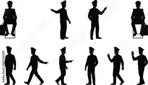 Cad drawing flat vector illustration of uniformed man silhouette in different poses walking, sitting, pointing, waving, professional character concept