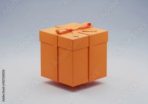 A single orange gift box tied with a delicate ribbon on a neutral background