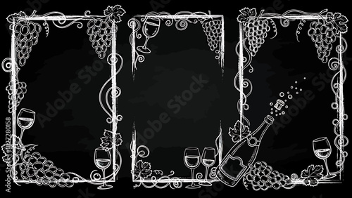 Chalkboard-style illustration featuring wine glasses, grapes, and a champagne bottle, perfect for a bar or restaurant.