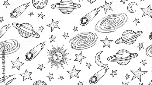 Hand-drawn seamless pattern featuring various celestial bodies and space elements like planets, stars, comets, galaxies, sun, and moon in a sketch style.