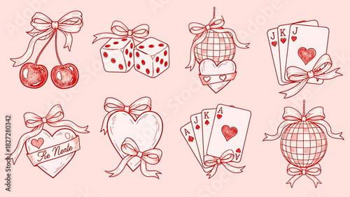 A collection of hand-drawn coquette style illustrations featuring cherries, dice, hearts, playing cards, and disco balls, all adorned with bows.
