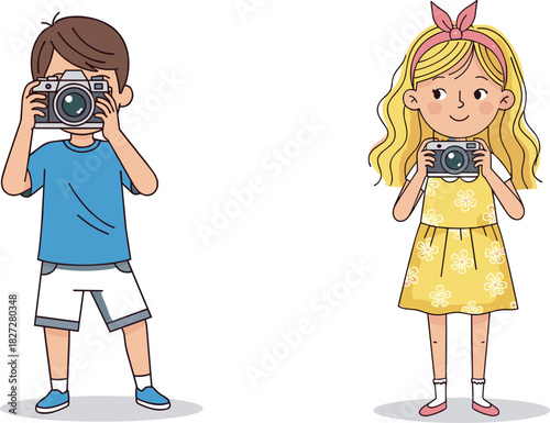 Cute cartoon boy and girl taking photos with cameras, children photography illustration, happy kids learning photography, summer creative hobby concept art