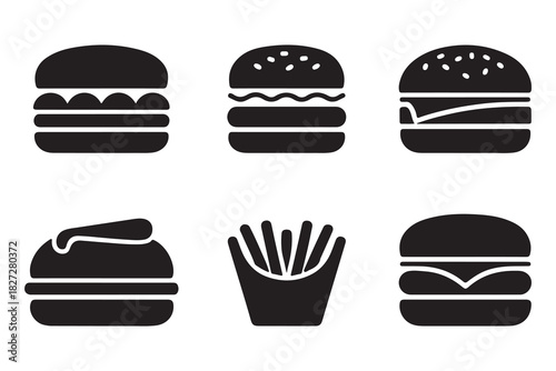  Collection of six different hamburger and french fries icons silhouette