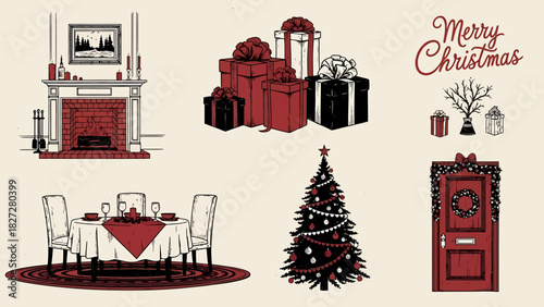 Festive Christmas illustration featuring a fireplace, presents, a dining table, a tree, and a decorated door.