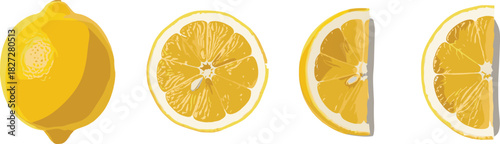 Whole lemon and three slices of lemon shown from different angles on a white background