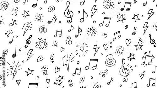 Seamless pattern of hand-drawn black and white musical notes, stars, lightning bolts, and hearts on a white background, doodle style.