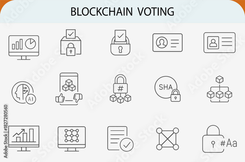 blockchain voting security line icon set vector illustration