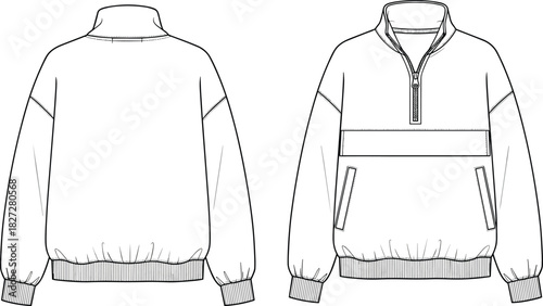 Half-zip pullover jacket fashion sketch, welt pockets, front and back view, casual wear, cad drawing flat vector illustration