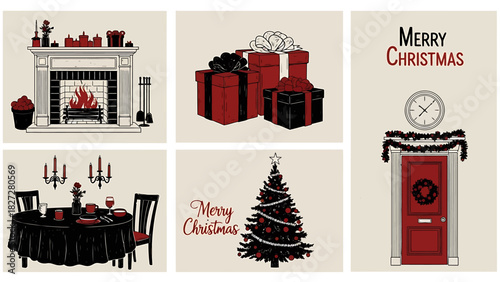Christmas-themed illustrations showcasing a fireplace, gifts, a greeting card, a dining table, a Christmas tree, and a decorated door.