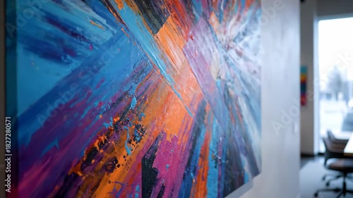 Colorful abstract painting in an office conference room setting