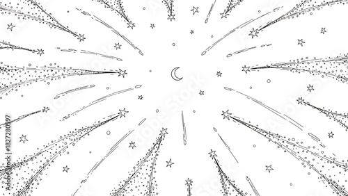 Black and white illustration of a night sky filled with shooting stars and a crescent moon.