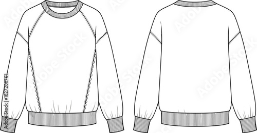 Here is a title and a comprehensive list of keywords for the provided technical fashion illustration (CAD drawing) of a basic raglan sleeve sweatshirt, optimized for Adobe Stock SEO.