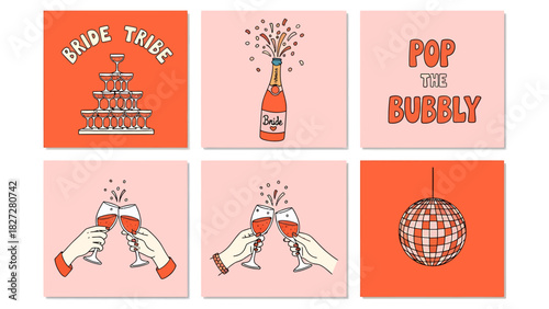 Set of six retro-style bachelorette party illustrations featuring champagne, toasts, and a disco ball on orange and pink backgrounds.