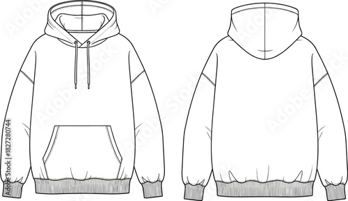 Hoodie fashion flat sketch, front and back view, sweatshirt technical drawing, casual apparel design template, vector illustration for clothing mockup, CAD