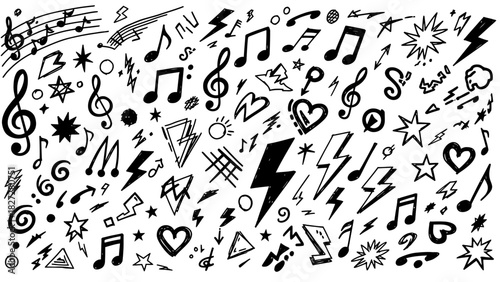 Hand-drawn doodle pattern with musical notes, lightning bolts, stars, and hearts in a black and white sketch style.