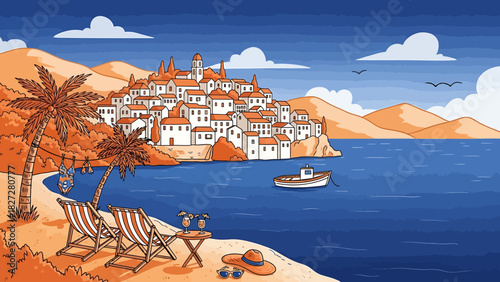 Vibrant illustration of a picturesque Mediterranean coastal town with a sandy beach, palm trees, and a boat in the blue sea.