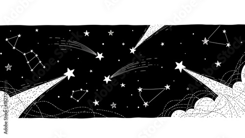 Black and white illustration of a starry night sky with constellations and shooting stars.