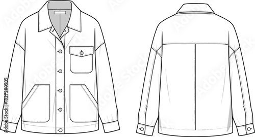 Oversized Utility Shirt Jacket Flat Sketch Fashion Technical Drawing Vector CAD Illustration: Dropped Shoulders, Large Patch Pockets, Pointed Collar, and Buttoned Cuffs,
