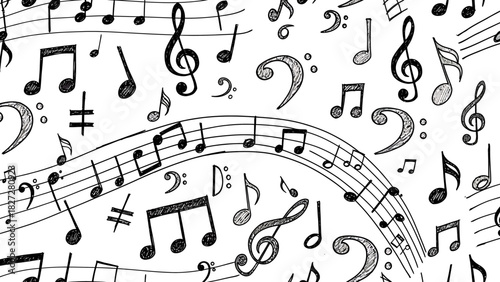 Black and white illustration of musical notes, clefs, and staff lines, creating a pattern.