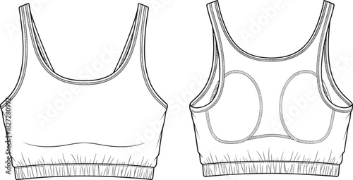 Seamless sports bra technical fashion flat, front and back view, activewear crop top design, elastic hem, apparel cad vector illustration