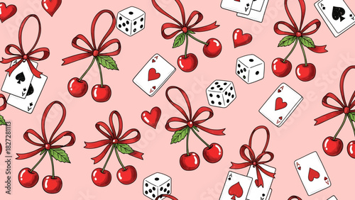Seamless pattern with cherries, playing cards, dice, and hearts on a pink background, evoking a retro casino or lucky charm theme.