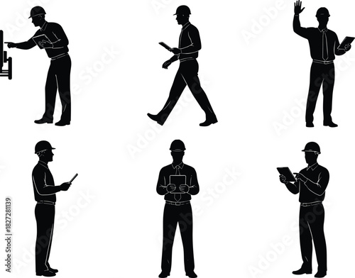 Silhouette construction engineers and architects using digital tablets, inspecting site plans, walking, communicating, and monitoring project progress on construction site, teamwork concept