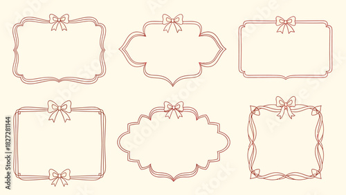 Collection of six decorative frames with ribbon bows on a cream background.