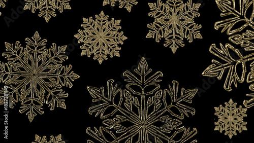 Golden snowflakes on a black background, creating a festive and elegant winter pattern.